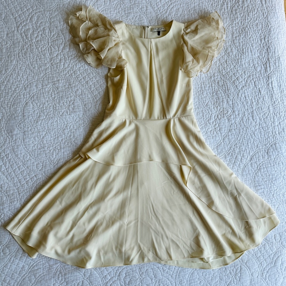Halston Heritage Dress Size 0 Ivory Cream Ruffle Flutter Sleeve Chiffon Wedding